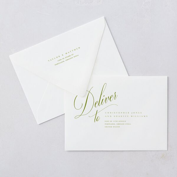 Modern Wedding Of Calligraphy Wedding Invitation Euro Envelopes White Chartreuse Both Recipient and Return Addresses Luxe Signature