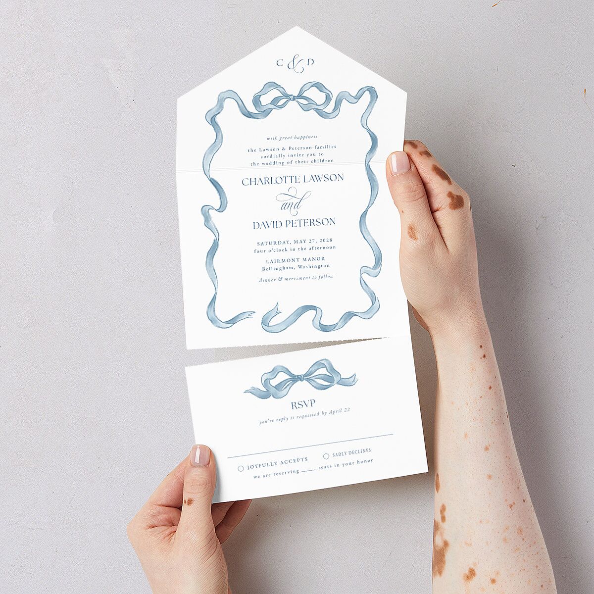 Vintage Bow All-in-One Wedding Invitations Regency Blue Signature Light Both Recipient and Return Addresses No
