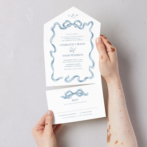 Vintage Bow All-in-One Wedding Invitations Regency Blue Signature Light Both Recipient and Return Addresses No