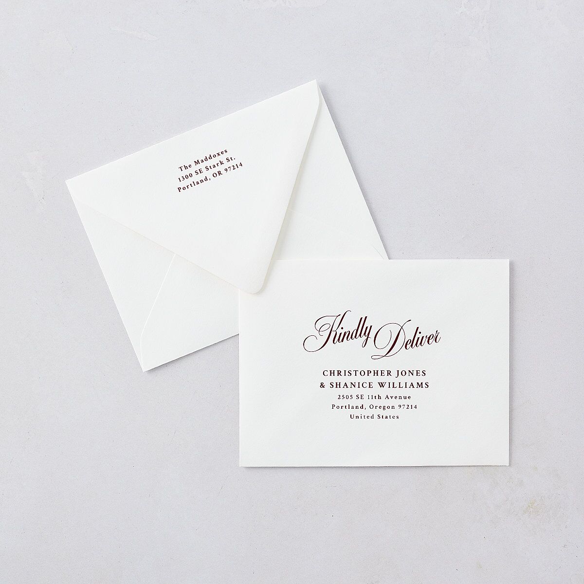 Holiday Eclectic Wavy Frame Thank You Card Euro Envelopes White Ruby Both Recipient and Return Addresses Luxe Signature