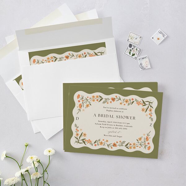 Flora Garden Border Bridal Shower Invitations Olive Signature Blank