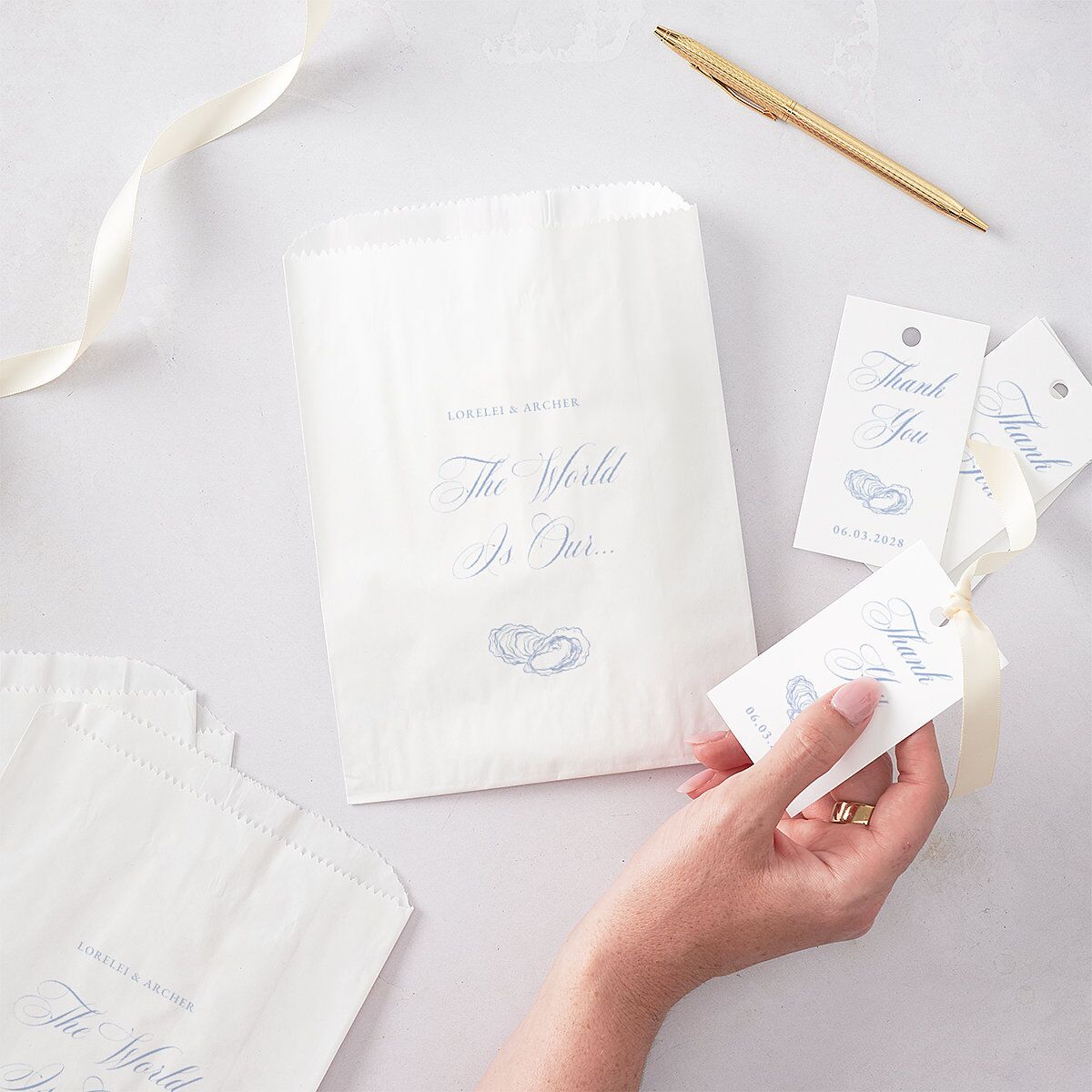 Coastal Oysters and Anchors Wedding Day Paper Favor Bags White Sea Blue Wax-Lined Food Safe Paper