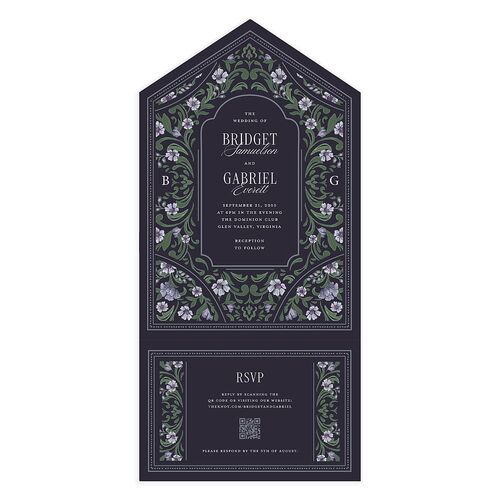Vintage Botanical Borders All-in-One Wedding Invitations Dark Navy Signature Light Both Recipient and Return Addresses No