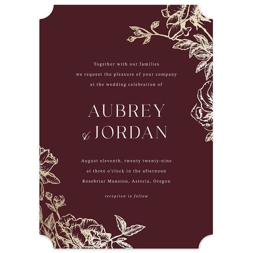 Botanical Luxury Foil Wedding Invitations Burgundy Gold Signature Blank Ticket No
