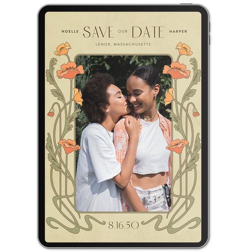 Vintage Nouveau Floral Digital Save the Date Cards Pear Concrete Lets Celebrate Standard