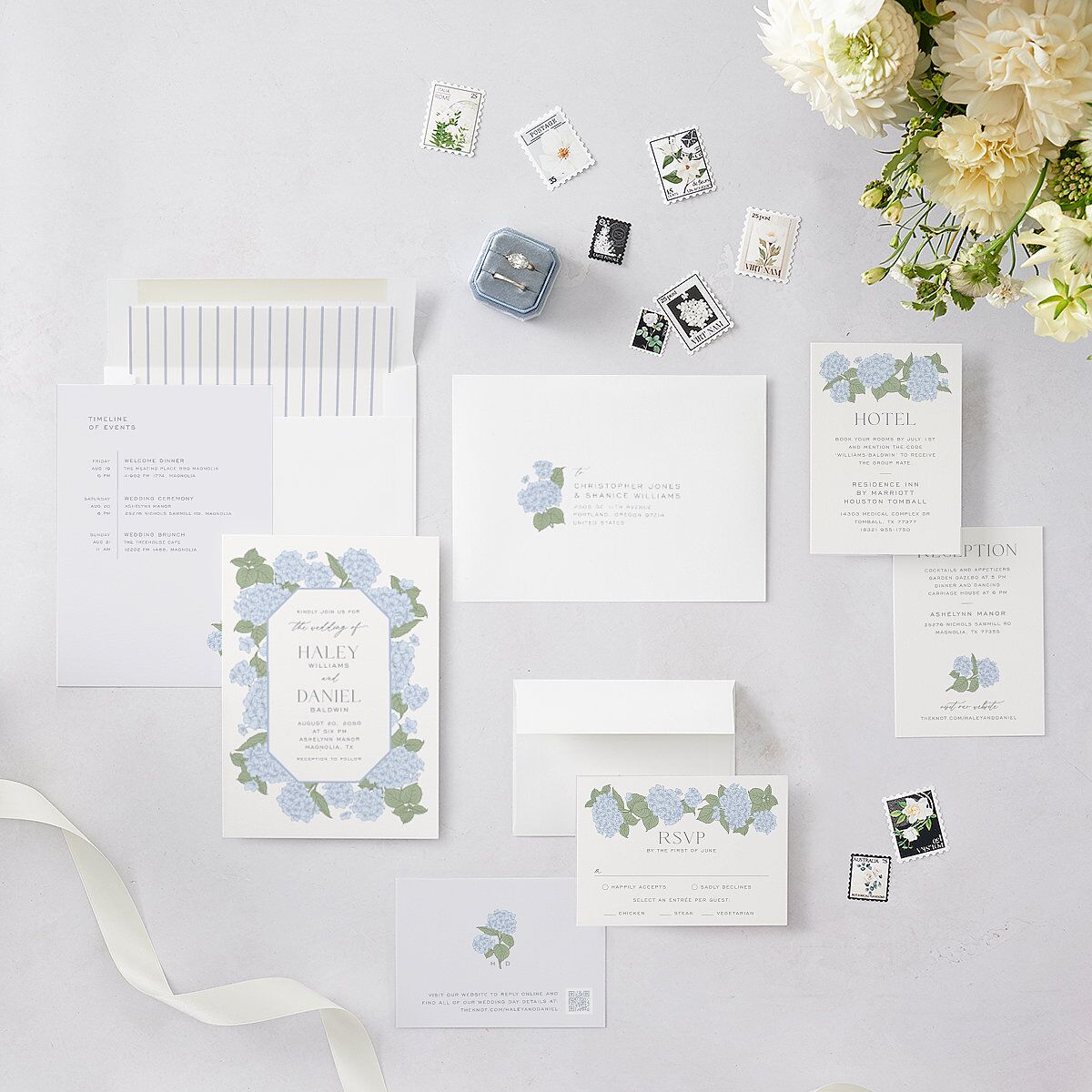Vintage Hydrangea Frame Wedding Invitations Dusty Blue Signature Blank No Standard