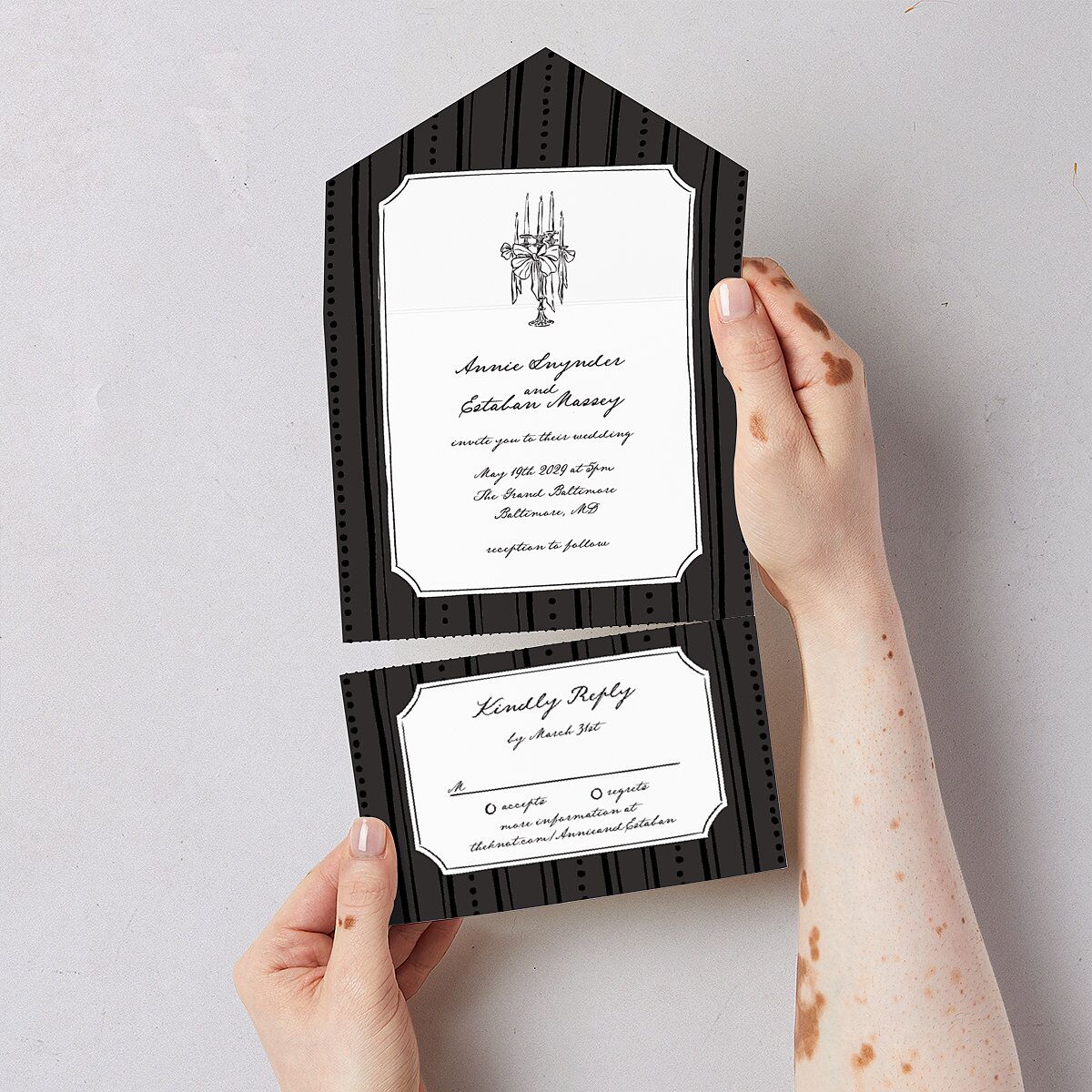 Vintage Candelabra with Bow All-in-One Wedding Invitations Charcoal Signature Light Both Recipient and Return Addresses No