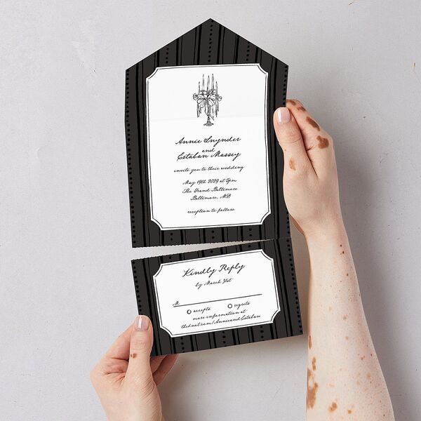 Vintage Candelabra with Bow All-in-One Wedding Invitations Charcoal Signature Light Both Recipient and Return Addresses No