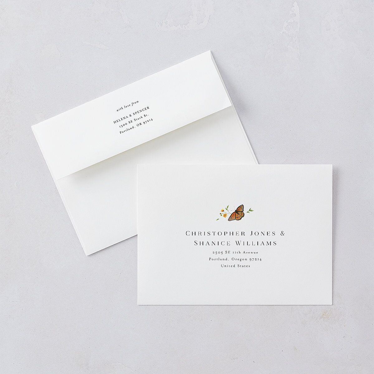 Rustic Butterfly Garden Save The Date Card Envelopes White Pure White Both Recipient and Return Addresses Signature Standard