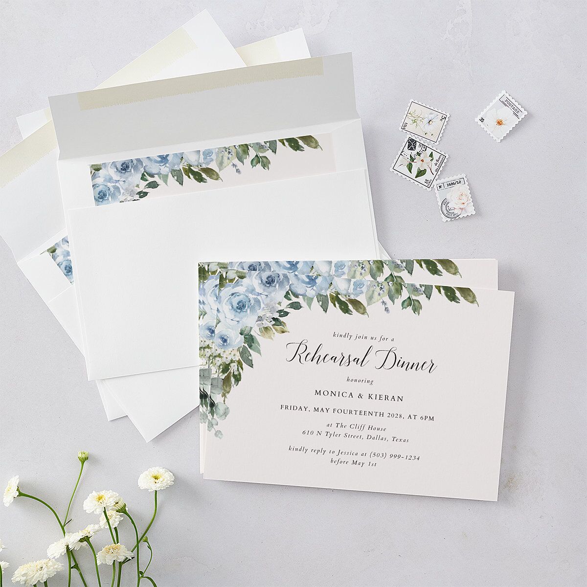 Romantic Laurel Rehearsal Dinner Invitations Dusty Blue Signature Blank Standard