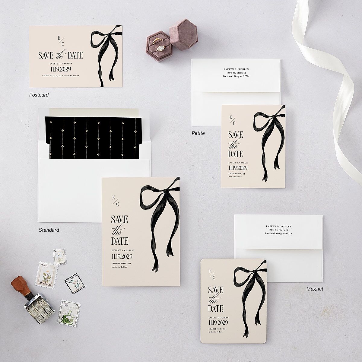 Whimsical Hand Drawn Bow Save the Date Postcards Linen