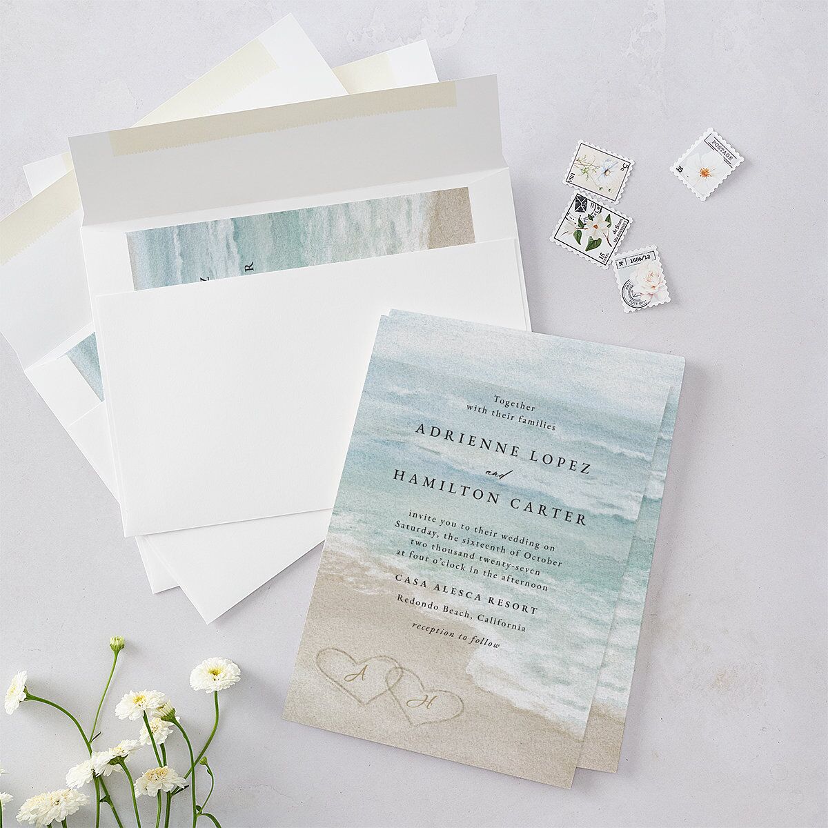 Beach Monogram Wedding Invitations Pale Blue Signature Blank No Standard