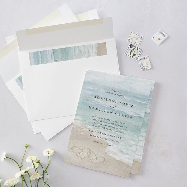 Beach Monogram Wedding Invitations Pale Blue Signature Blank No Standard