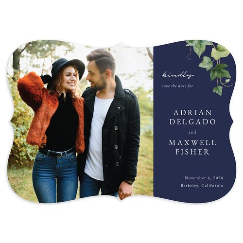 Elegant Ivy Save The Date Cards Navy Signature smooth Blank No Bracket