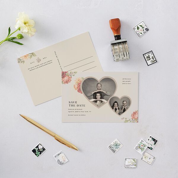 Vintage Awkward Photo Hearts Save the Date Postcards Barely Peach