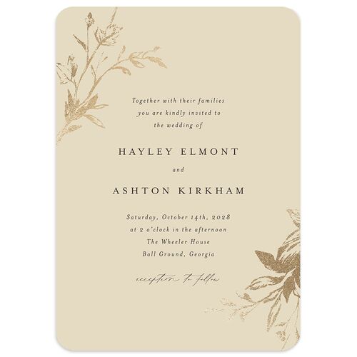 Shining Leaves Foil Wedding Invitations Sand Gold No Signature Blank Rounded