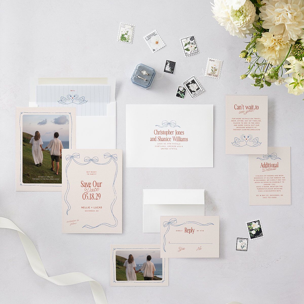Modern Delicate Bows Save the Date Cards Jewel Red Signature smooth Blank No Standard