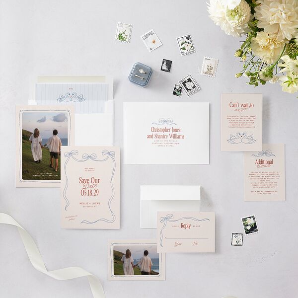 Modern Delicate Bows Save the Date Cards Jewel Red Signature smooth Blank No Standard