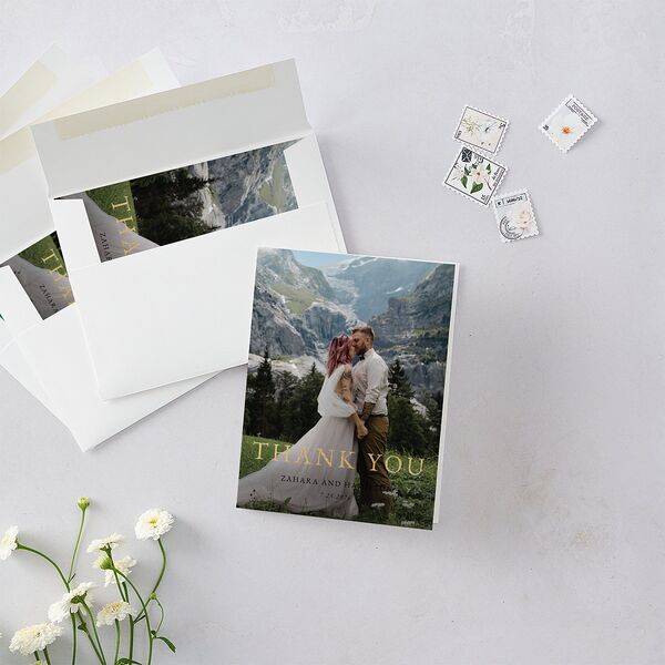 Peacock Nouveau Thank You Cards Gold Linen