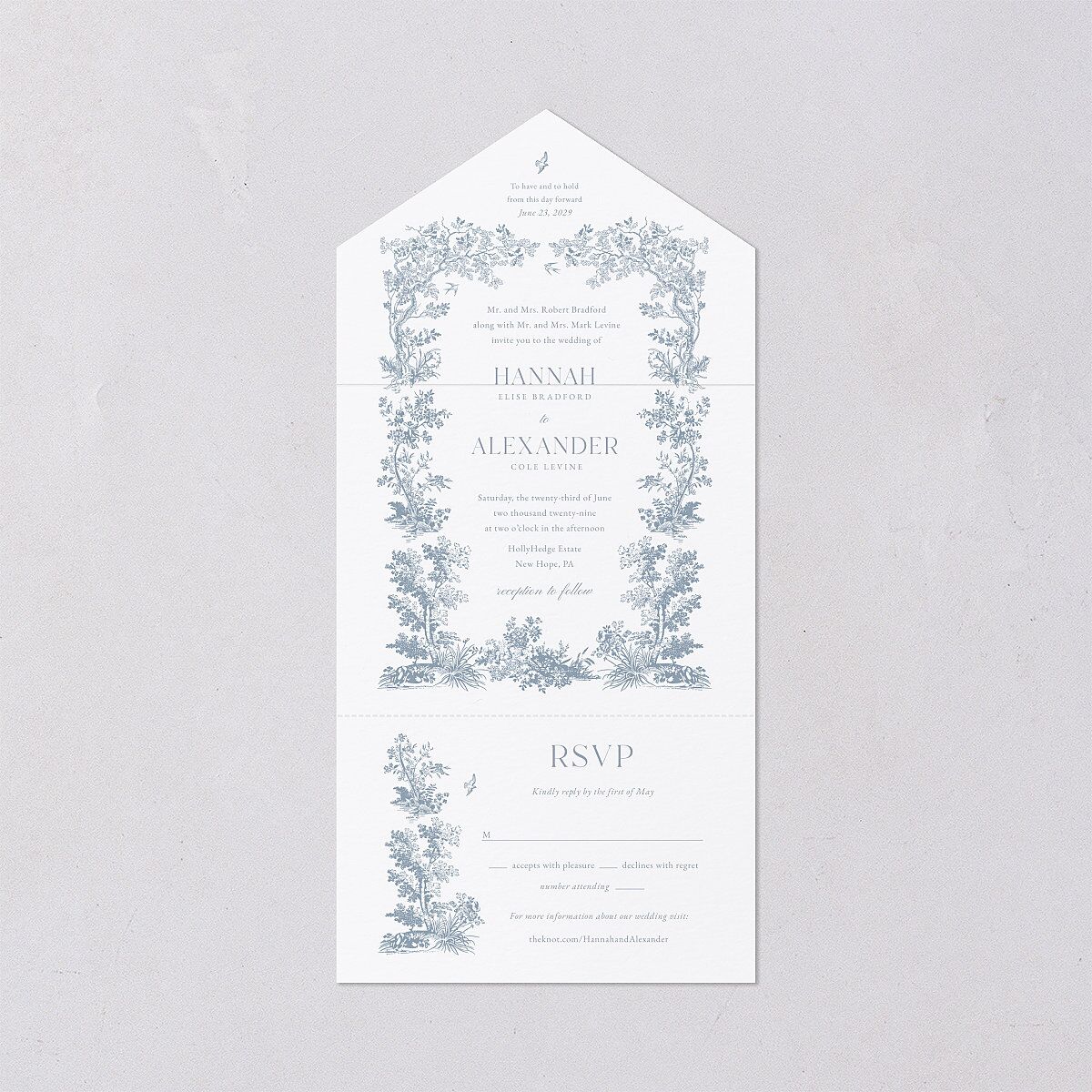 Dusty Blue Regency Toile All-in-One Wedding Invitations Dusty Blue Signature Light Both Recipient and Return Addresses No