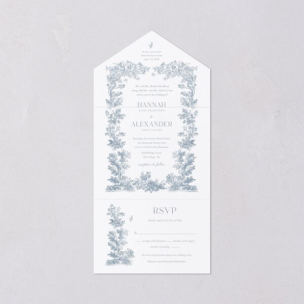 Dusty Blue Regency Toile All-in-One Wedding Invitations Dusty Blue Signature Light Both Recipient and Return Addresses No