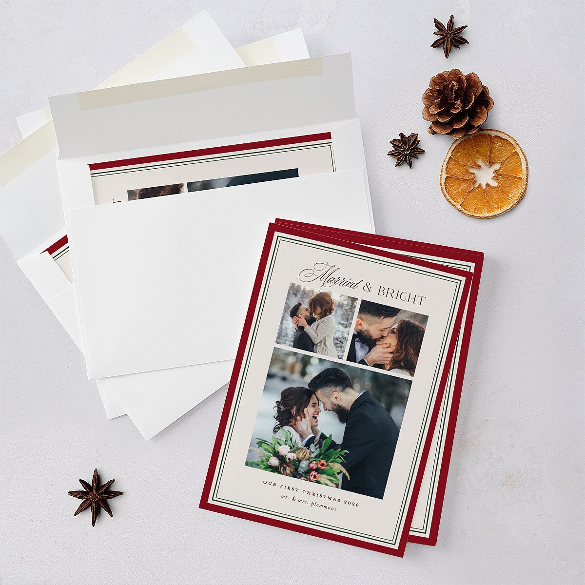 Classic Border First Married Christmas Holiday Cards Ruby Signature Blank Standard