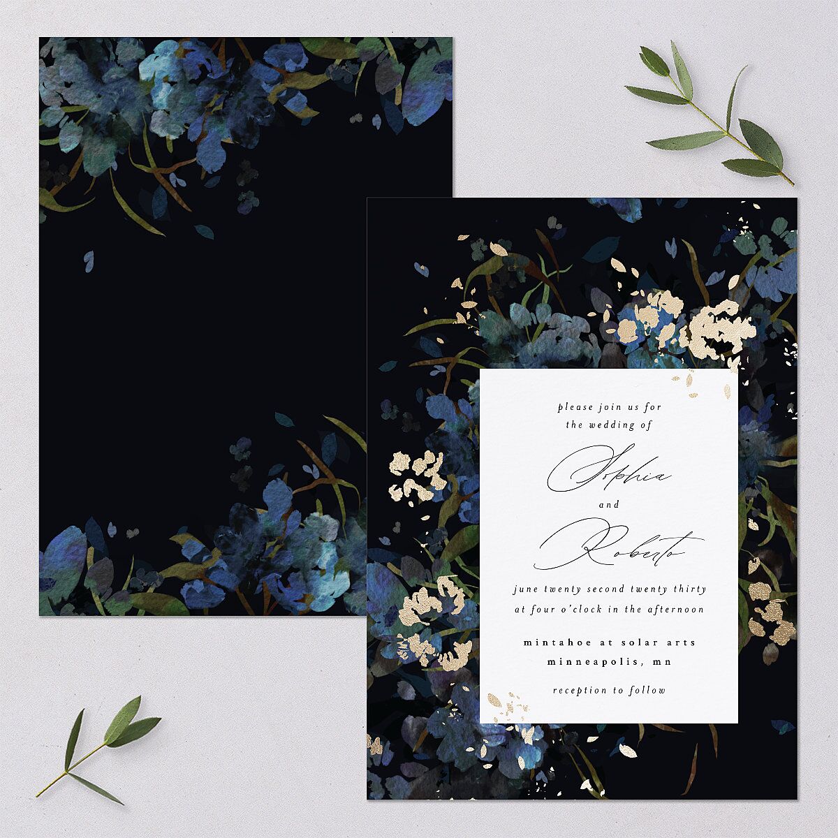 Midnight Floral Wedding Invitations Gold Navy Signature Blank No