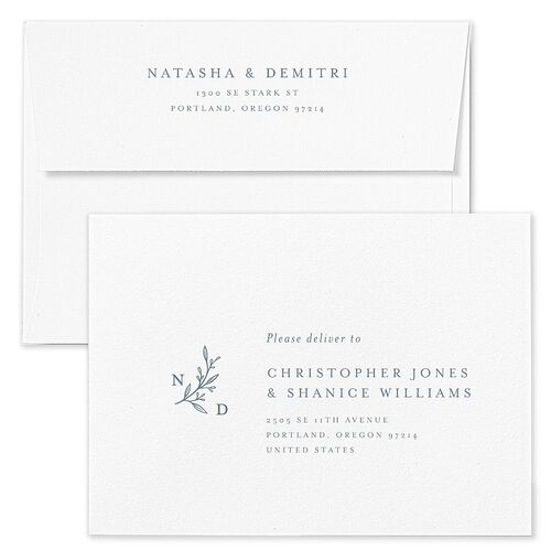 Botanical Monogram Bridal Shower Invitations Envelopes Kraft Dusty Blue Return Address Signature Standard