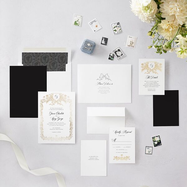 Rose Garden Crest Wedding Invitations by Bridgerton Gold Pure White Signature Blank No Standard