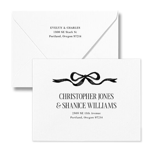 Whimsical Hand Drawn Bow Save the Date Petite Card Euro Envelopes White Linen Both Recipient and Return Addresses Luxe Signature