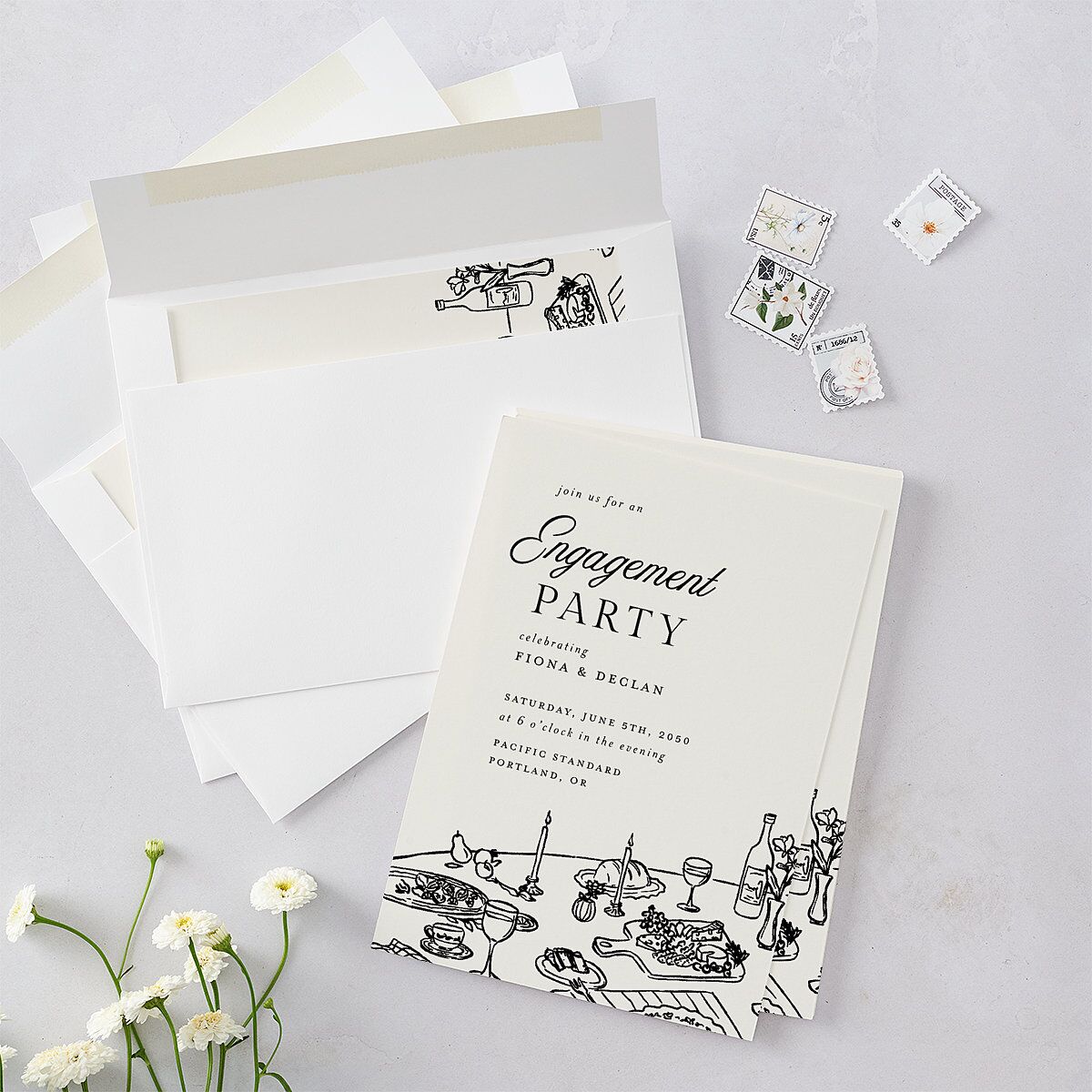 Hand Drawn Tablescape Engagement Party Invitations Ivory Signature Blank Standard