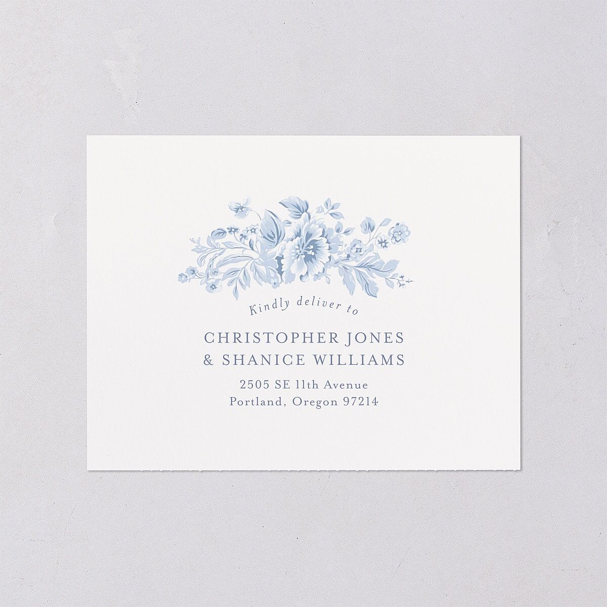 Vintage French Floral Toile All-in-One Wedding Invitations Dusty Blue Signature Light Both Recipient and Return Addresses No