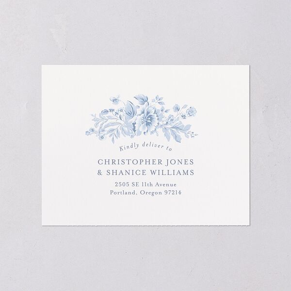 Vintage French Floral Toile All-in-One Wedding Invitations Dusty Blue Signature Light Both Recipient and Return Addresses No