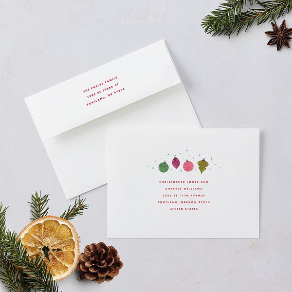 Vintage Christmas Ornaments Holiday Card Envelopes White Barely Peach Both Recipient and Return Addresses Standard Signature
