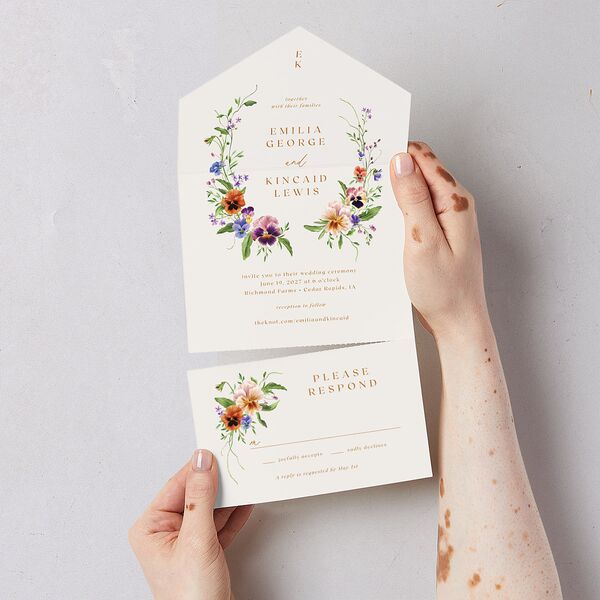 Wild Pansies All-in-One Wedding Invitations Rose Gold Signature Light Both Recipient and Return Addresses No