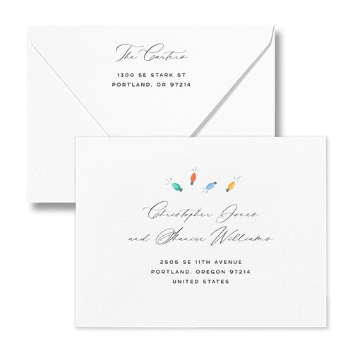 Whimsical Drawn Holiday Lights Thank You Card Euro Envelopes White Sapphire Both Recipient and Return Addresses Luxe Signature