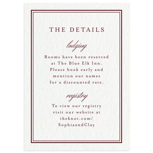 Elegant Winter Pine Cone Wedding Event Detail Cards Burgundy Signature Standard