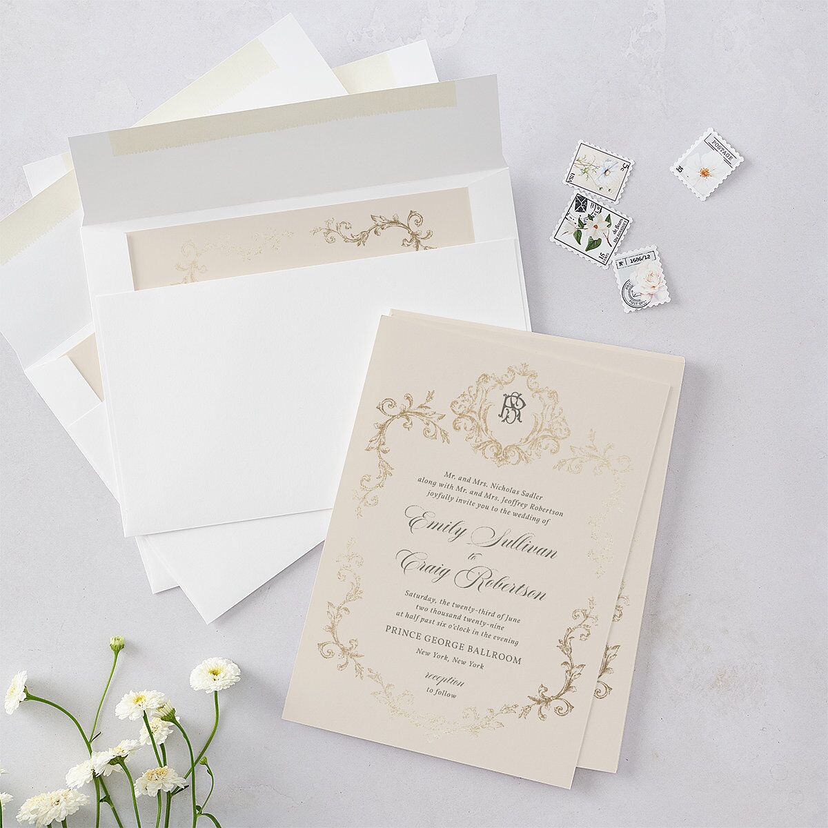 Vintage Regency Monogram Frame Foil Wedding Invitations Champagne Gold Signature Blank Standard No