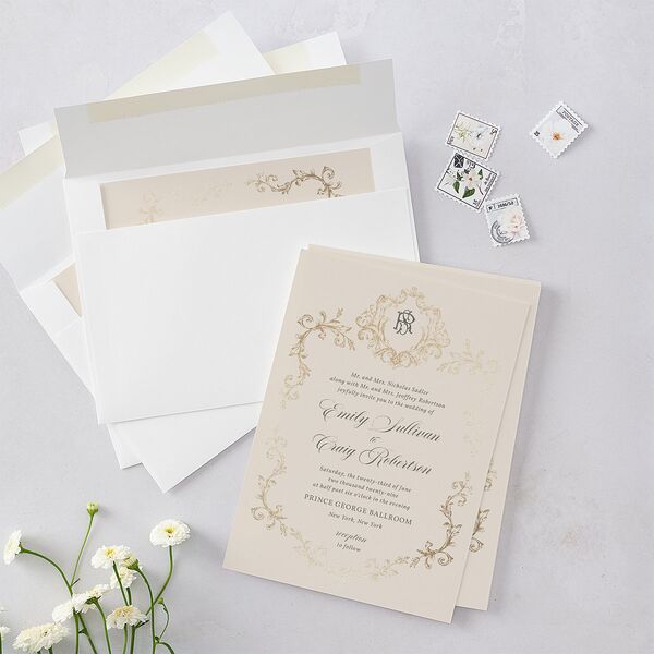 Vintage Regency Monogram Frame Foil Wedding Invitations Champagne Gold Signature Blank Standard No