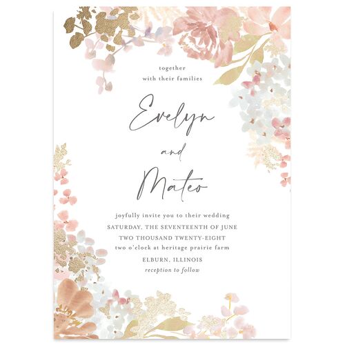 Hydrangea Garden Wedding Invitations Gold Pink Cotton Signature Blank No Standard