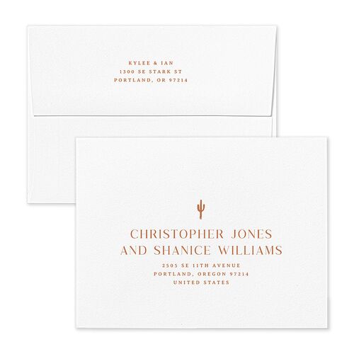 Western Desert Cactus Save the Date Petite Card Envelopes Terracotta White Both Recipient and Return Addresses Signature Standard
