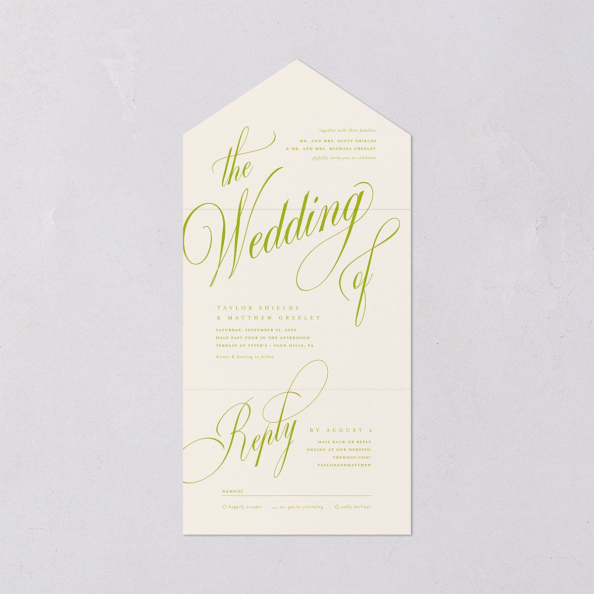 Modern Wedding Of Calligraphy All-in-One Wedding Invitations Chartreuse Signature Light Both Recipient and Return Addresses No