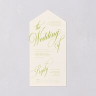 Modern Wedding Of Calligraphy All-in-One Wedding Invitations Chartreuse Signature Light Both Recipient and Return Addresses No