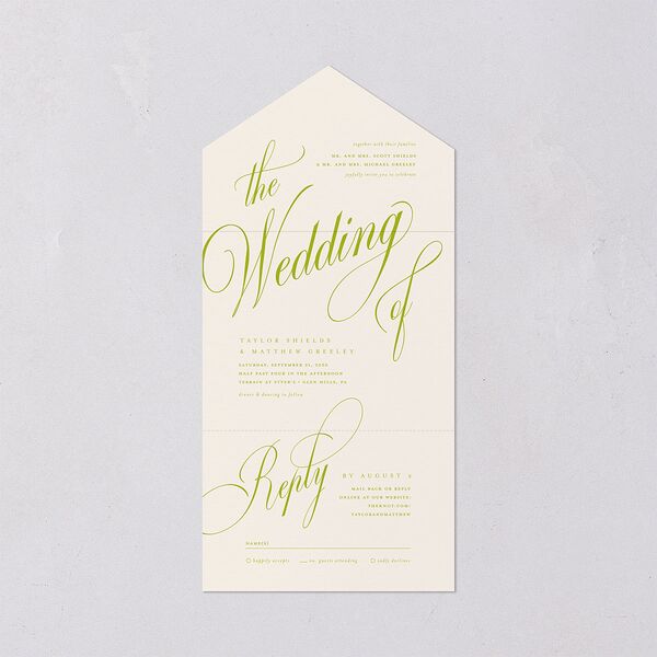 Modern Wedding Of Calligraphy All-in-One Wedding Invitations Chartreuse Signature Light Both Recipient and Return Addresses No