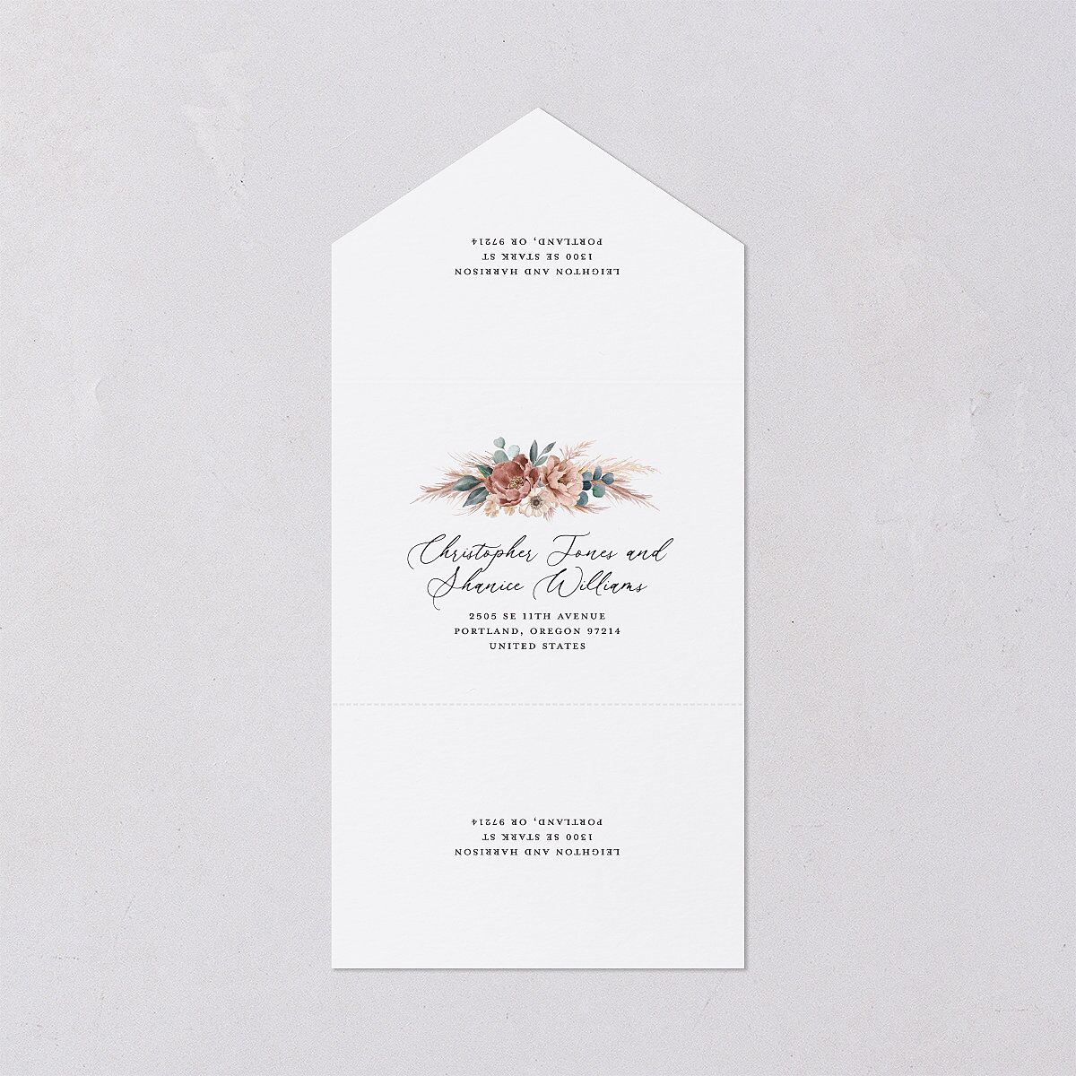 Pampas and Eucalyptus Floral All-in-One Wedding Invitations Desert Rose Signature Light Both Recipient and Return Addresses No