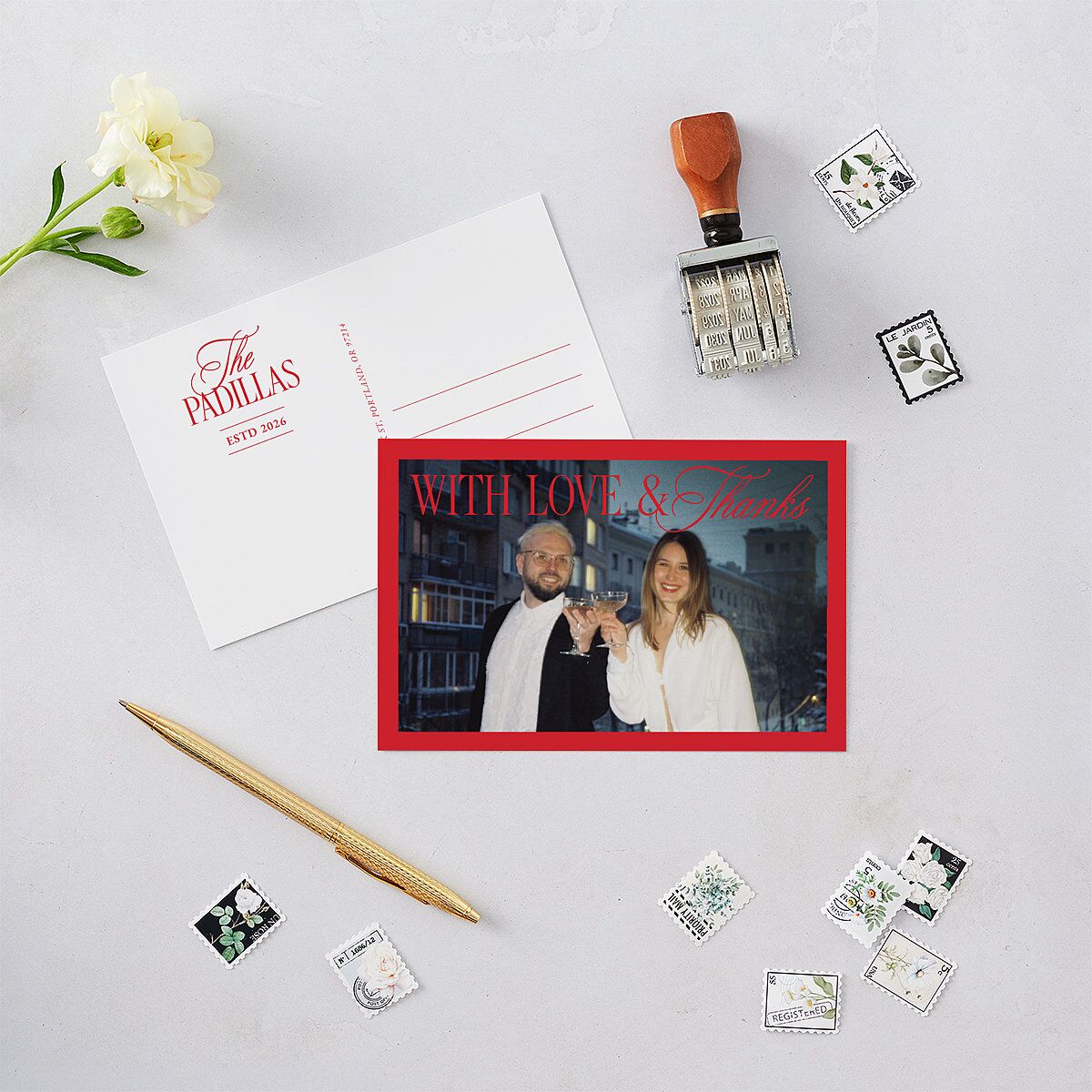 Retro Classic Newlywed Photo Thank You Postcards Scarlet