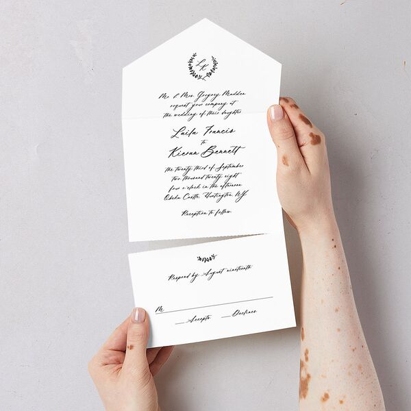 Eucalyptus Monogram All-in-One Wedding Invitations Pure White Signature Light Both Recipient and Return Addresses No