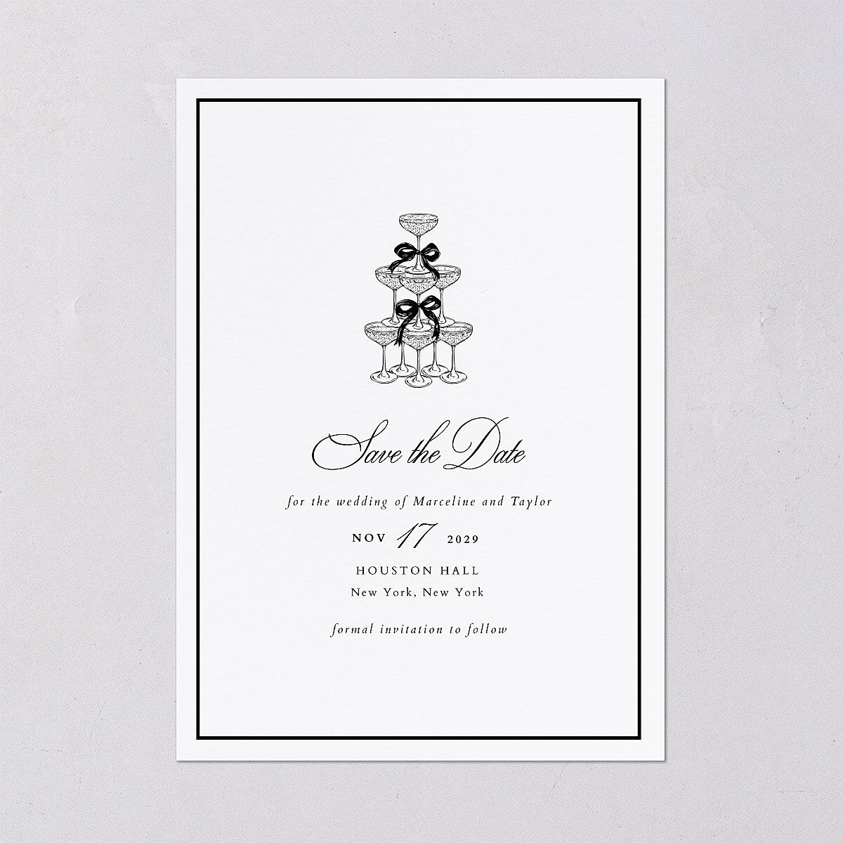 Classic Champagne with Bows Save the Date Cards Pure White Signature smooth Blank No Standard