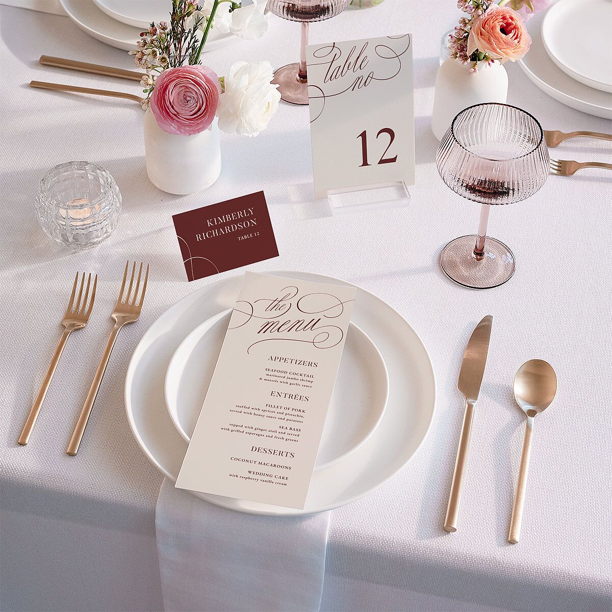 Photo Flourish Place Cards Burgundy Signature