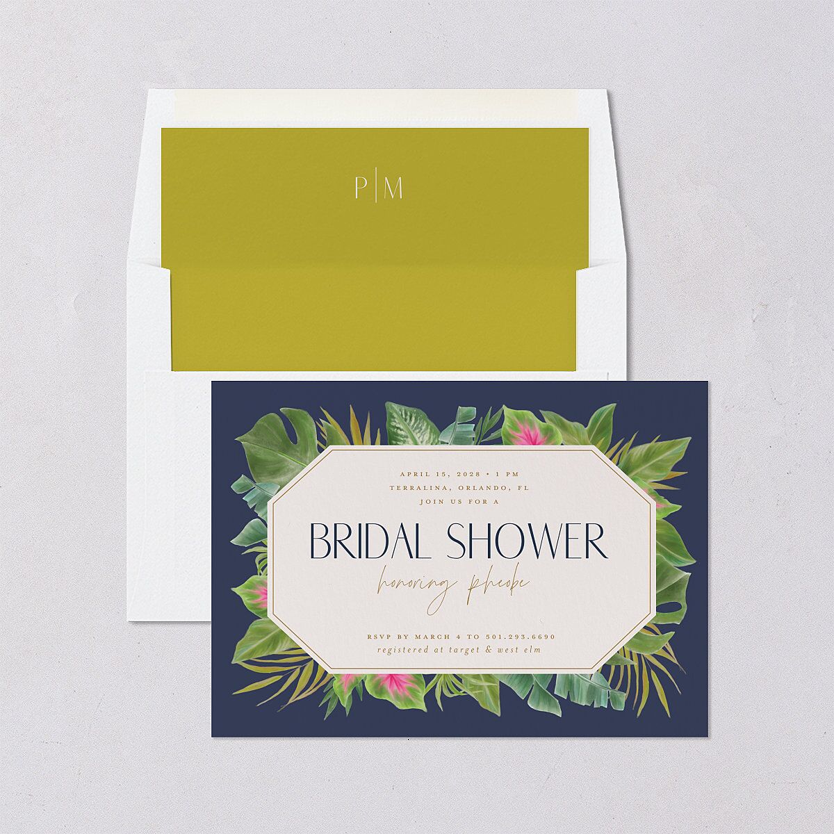 Hawaiian Tropical Monstera Frame Bridal Shower Invitations Moody Blue Signature Blank Standard